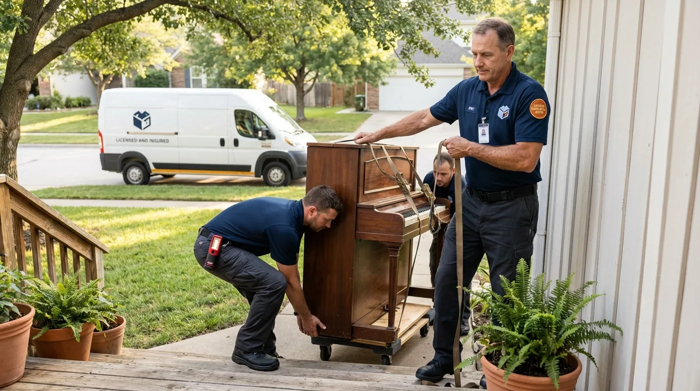 Licensed piano movers securing grand piano in Renovo, PA