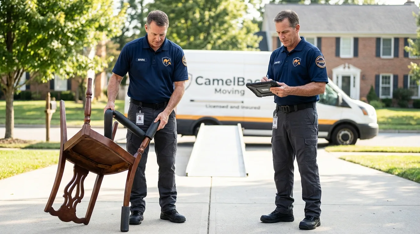 Movers inspecting furniture for damage prevention before loading in Renovo, PA