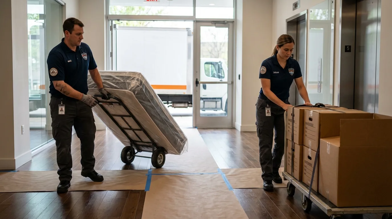 Professional apartment movers loading elevator in Renovo, PA