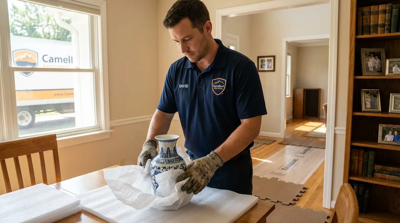 Professional crew carefully wrapping antique vase for senior downsizing move in Renovo, PA